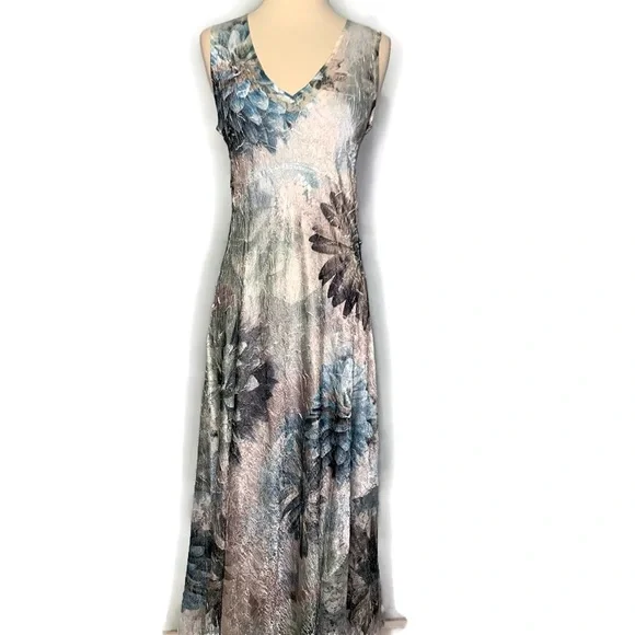 Komarov Charmeuse V-Neck Lace Up Back Crinkle Stretch Blue Floral Maxi Dress M - Picture 1 of 16